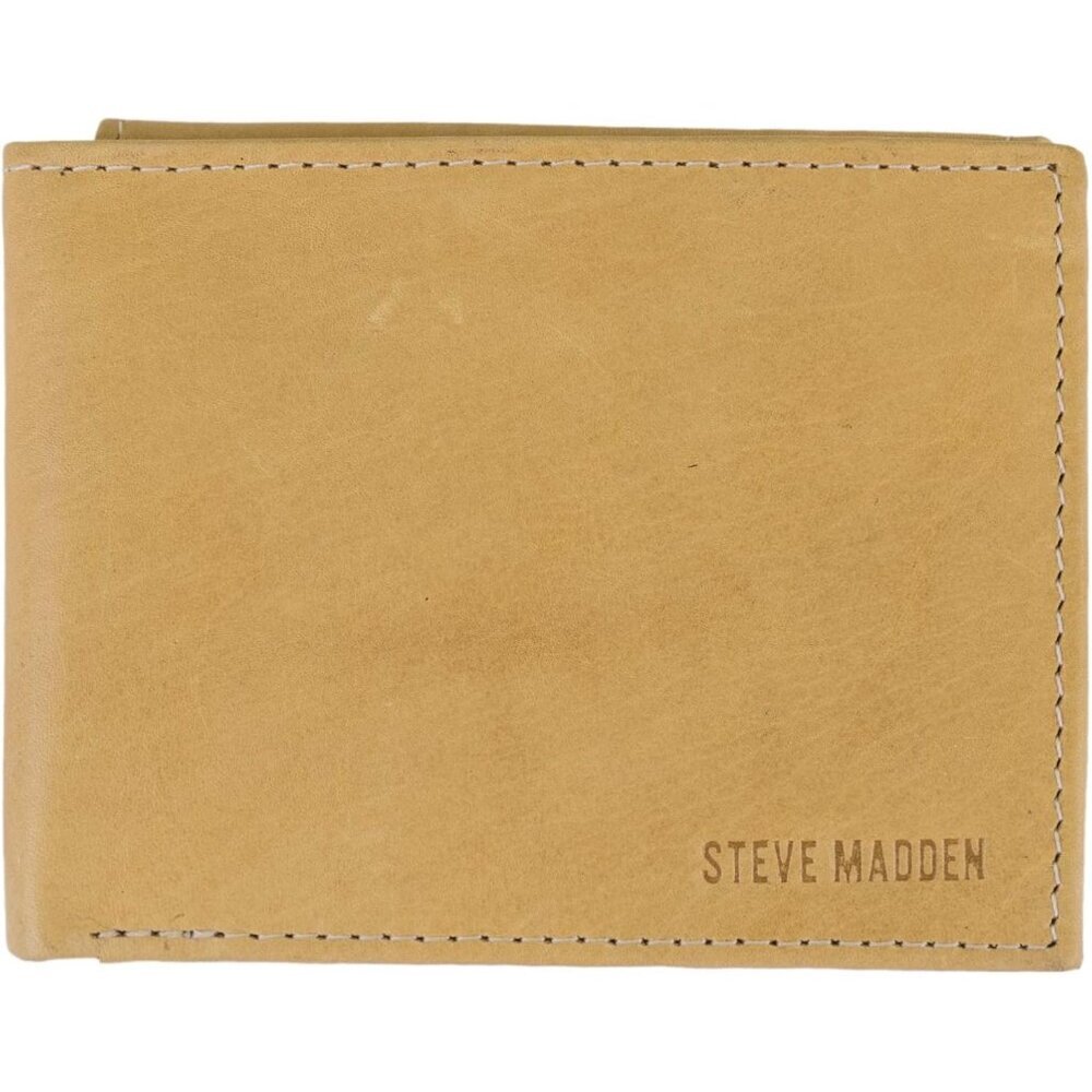 Men's Yellow Attached Flip Pockets Genuine Leather Wallet Card Extra Capacity